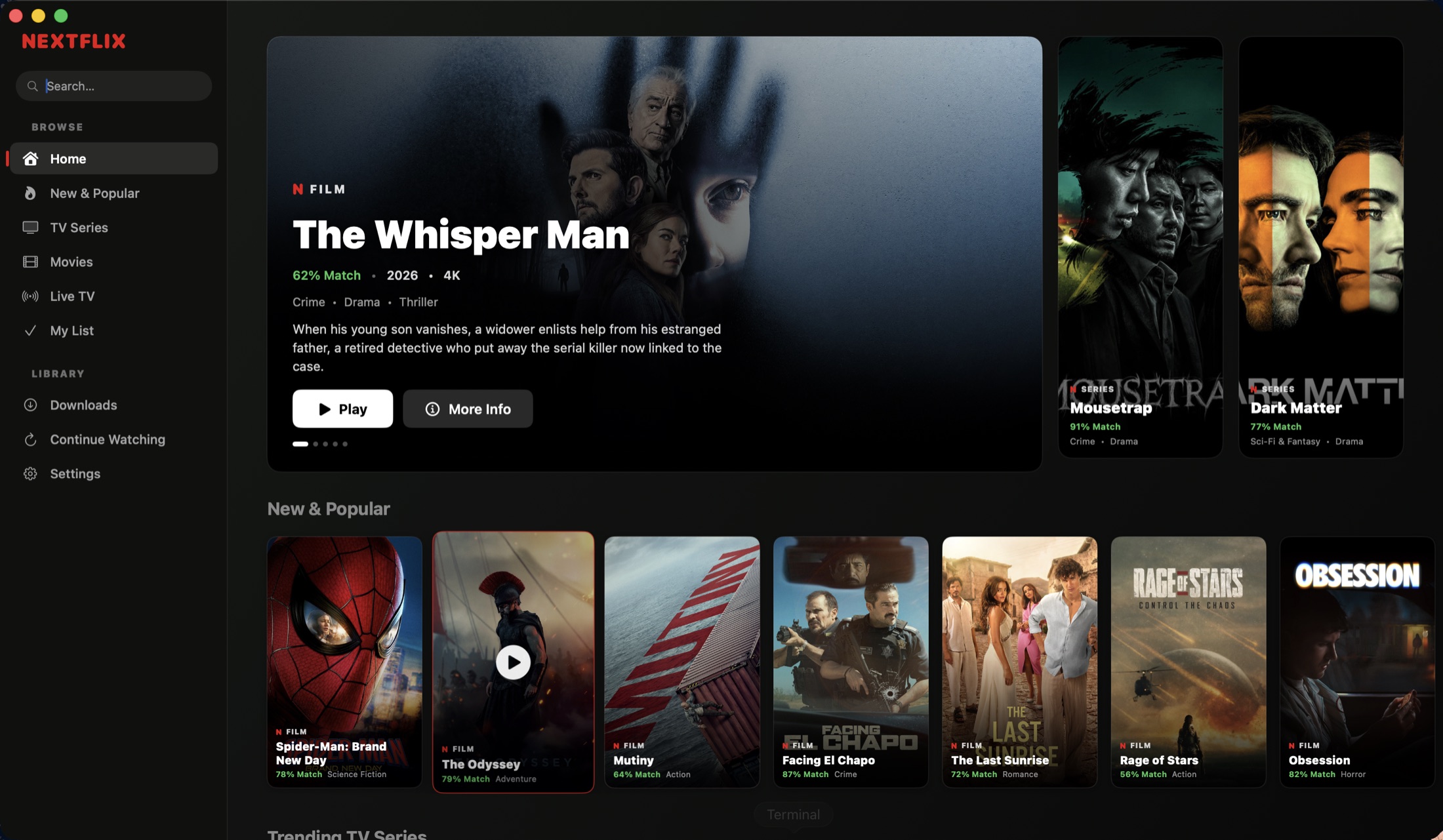 NextFlix home screen